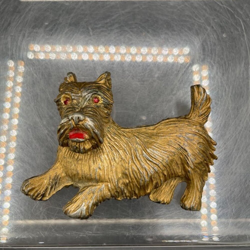 Vintage Gold Tone Rhinestone Eyes Scottie Dog Terrier Dog Play Stance Brooch Pin